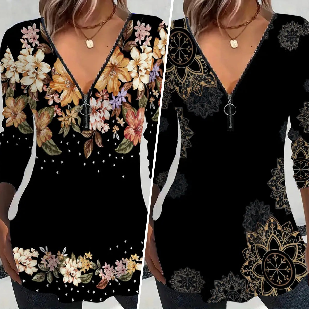 Damen Langarmshirt mit Reißverschluss und floralem Muster R&B