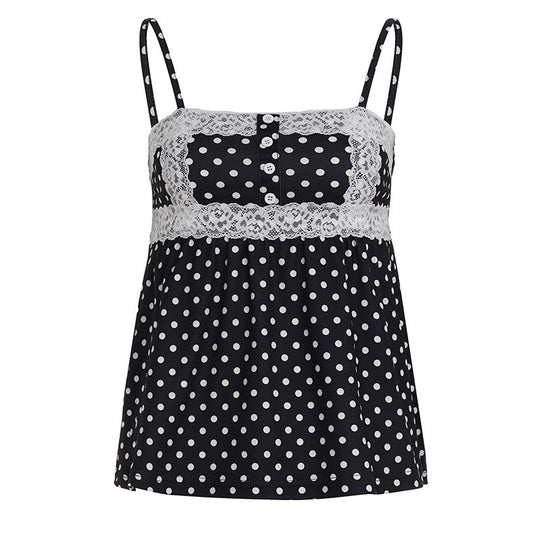 Damen Spaghetti-Trägertop mit süßem Spitzenbesatz und Polka-Dots R&B
