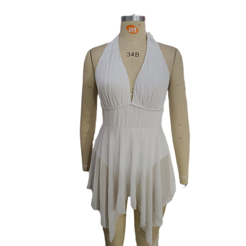 Damen Eleganter Wickel-Badeanzug mit tiefem V-Ausschnitt und Chiffonrock R&B