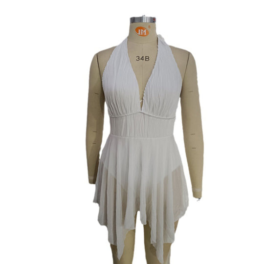 Damen Eleganter Wickel-Badeanzug mit tiefem V-Ausschnitt und Chiffonrock R&B