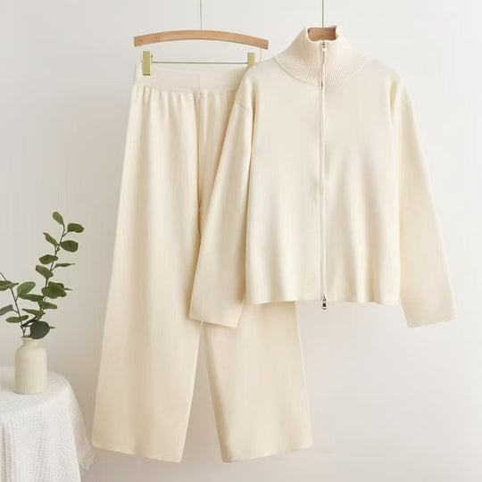 Damen gemütliches Strick-Loungewear-Set mit hohem Kragen R&B