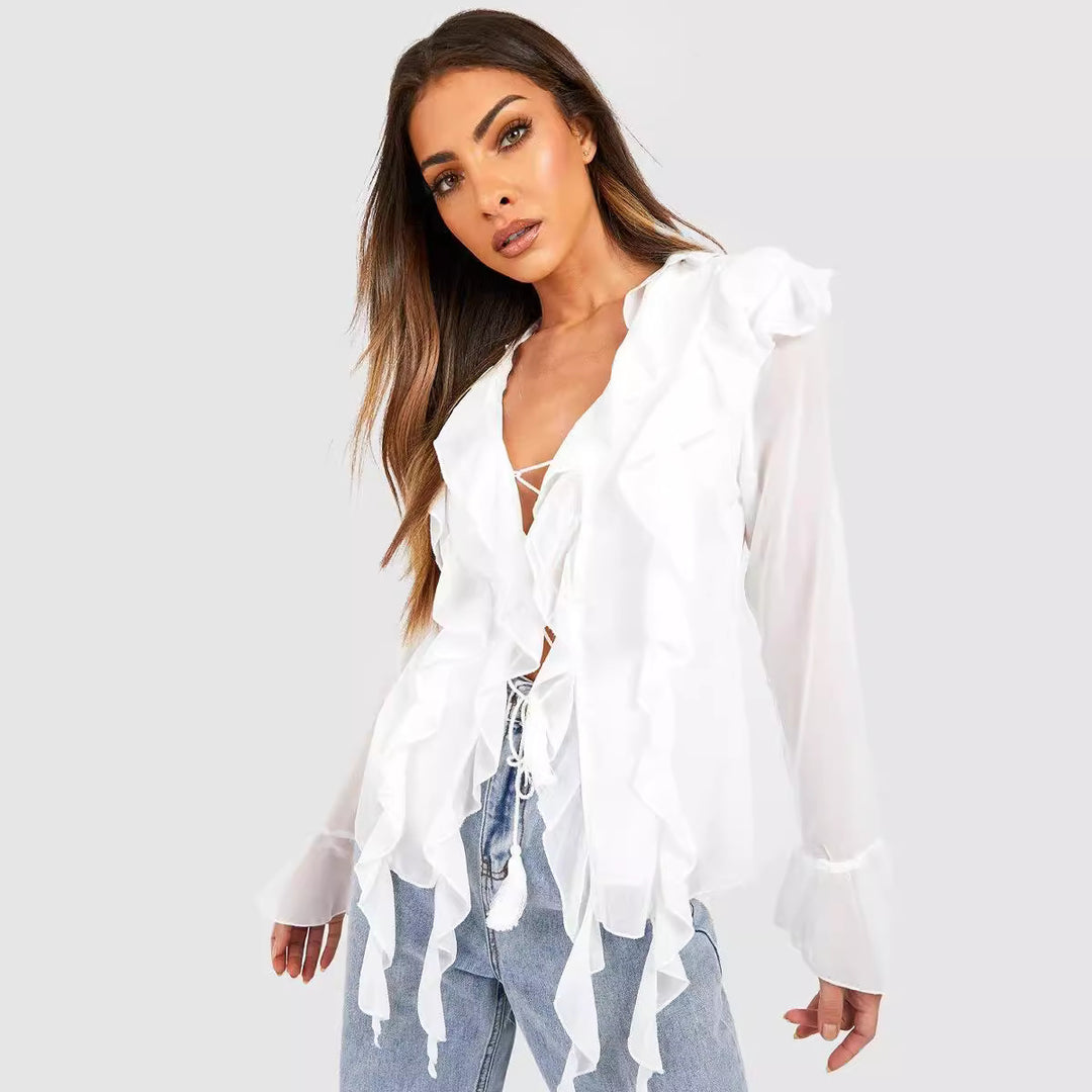Damen Rüschenshirt mit eleganten Schnürdetails und transparenten Ärmeln R&B
