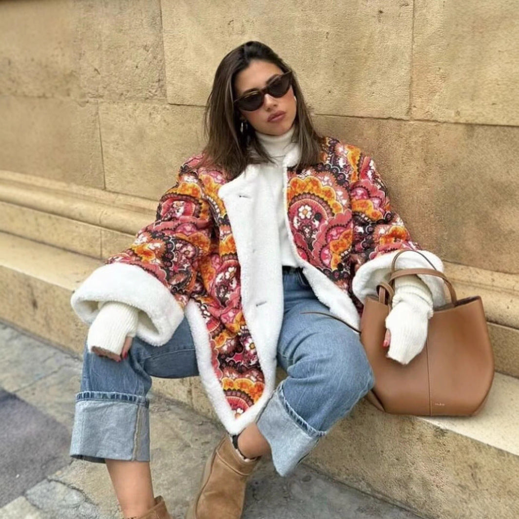 Damen modische Wende-Jacke mit buntem Muster und weichem Futter R&B
