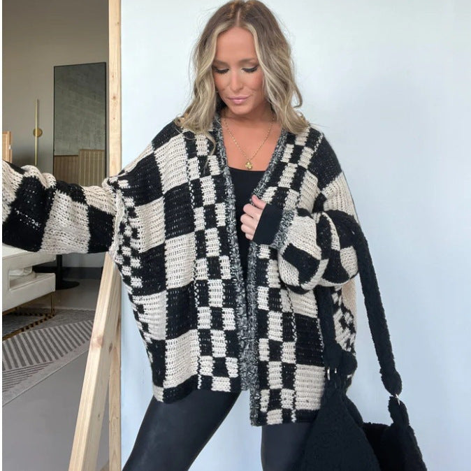 Damen lässiger Strickcardigan mit Karomuster und oversized Schnitt R&B