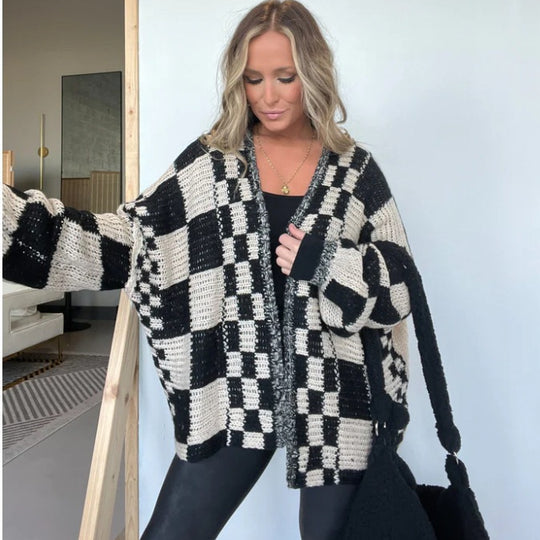 Damen lässiger Strickcardigan mit Karomuster und oversized Schnitt R&B