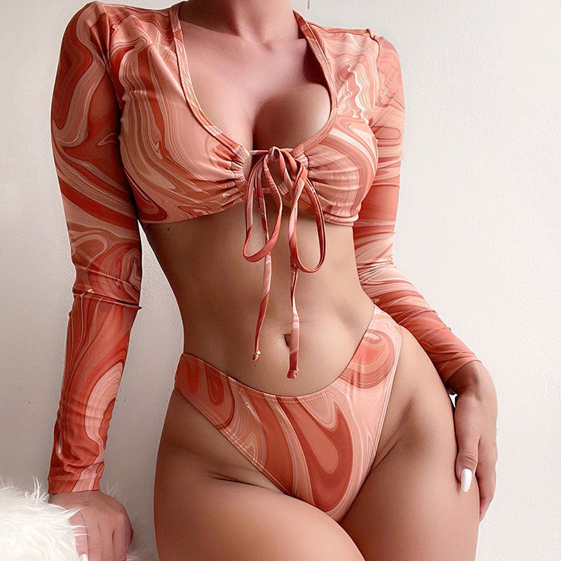 Damen Bikini-Set mit langärmligem Oberteil und hoch geschnittenem Höschen R&B