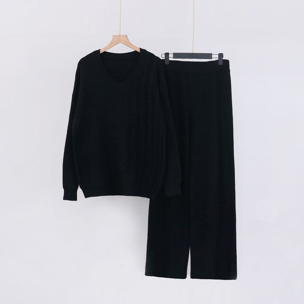 Damen Kuscheliges Strickensemble mit V-Ausschnitt und weitem Bein R&B