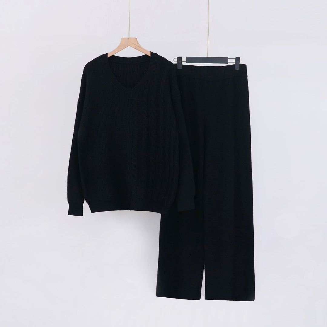 Damen Kuscheliges Strickensemble mit V-Ausschnitt und weitem Bein R&B