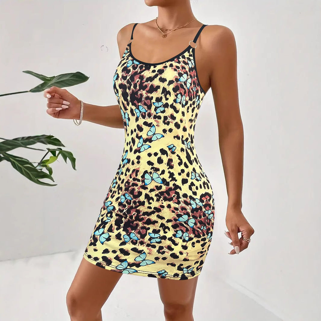 Damen Minikleid mit floralem Tierdruck und verstellbaren Spaghettiträgern R&B
