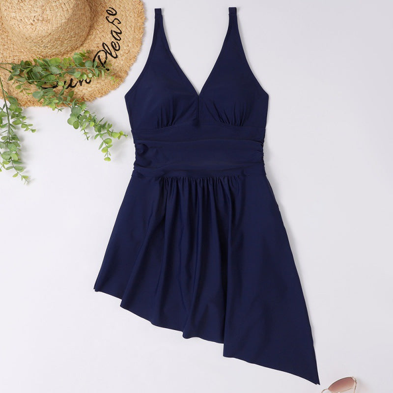 Damen eleganter Einteiler Badeanzug mit asymmetrischem Rock und verstellbaren Trägern R&B