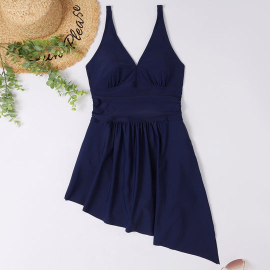 Damen eleganter Einteiler Badeanzug mit asymmetrischem Rock und verstellbaren Trägern R&B