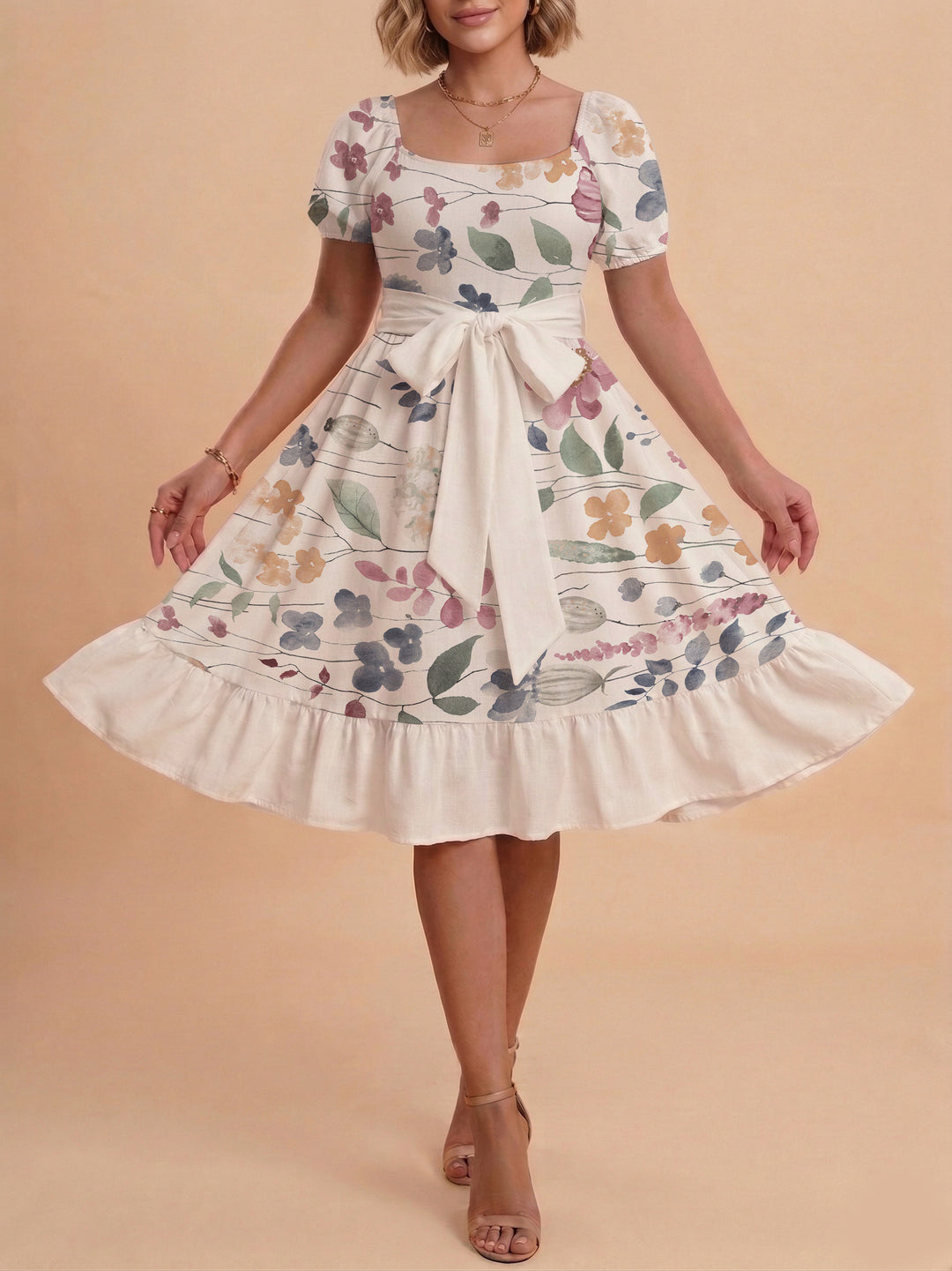 Damen Blumenkleid mit taillierbarem Gürtel und voluminösen Ärmeln R&B