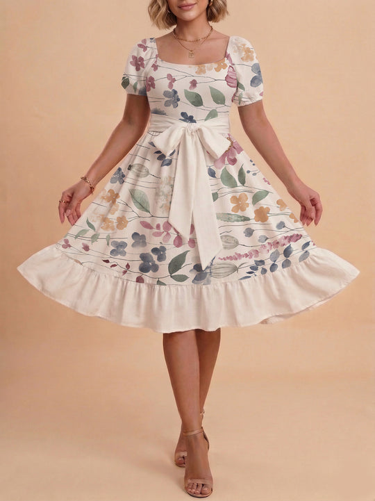 Damen Blumenkleid mit taillierbarem Gürtel und voluminösen Ärmeln R&B