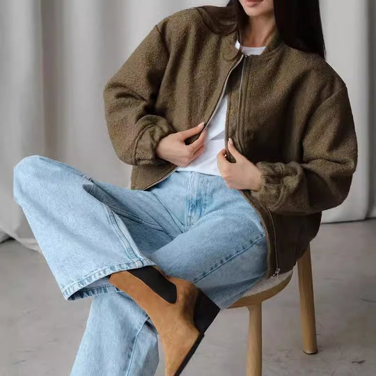 Damen Modische Bomberjacke aus weichem Wollmix mit Extragroßen Ärmeln R&B