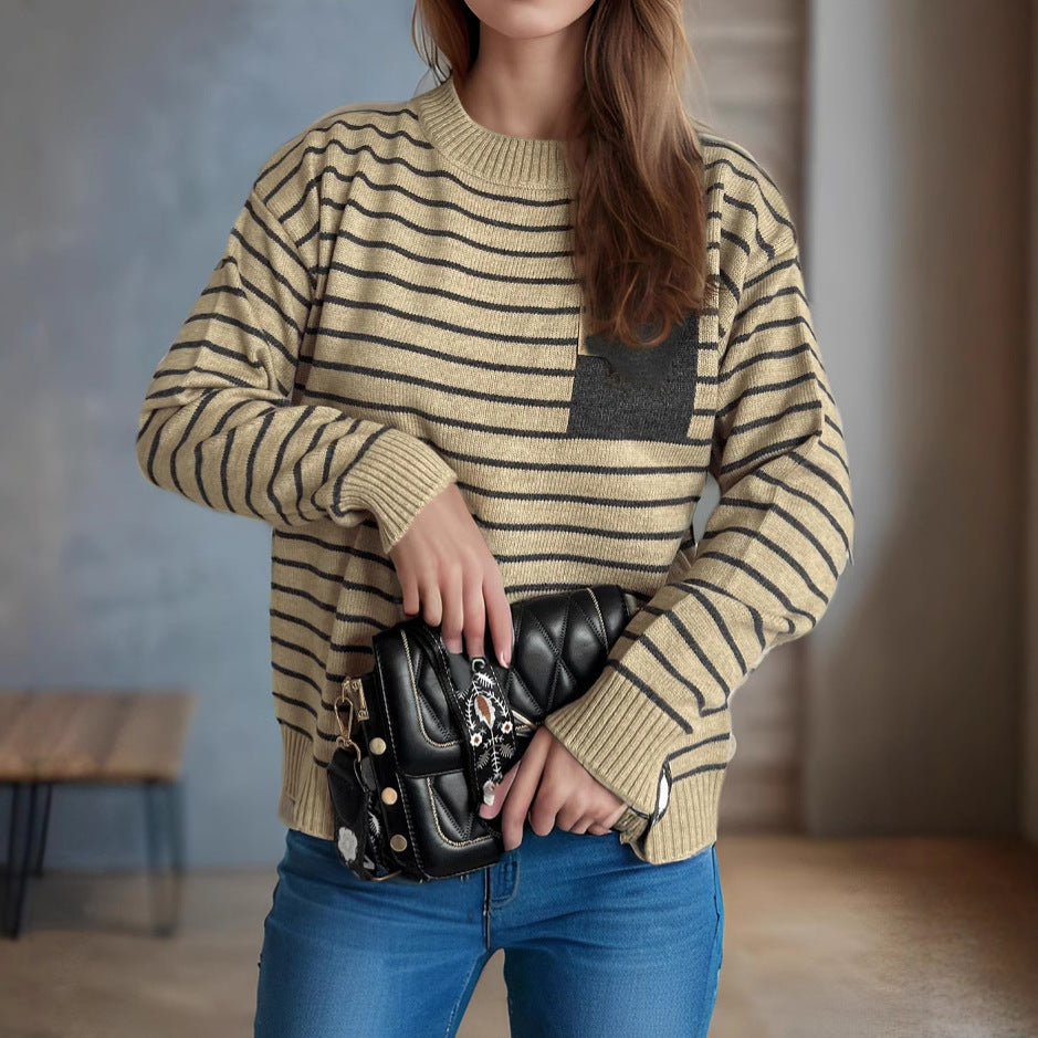 Damen lässiger Strickpullover mit breitem Streifenmuster und überschnittenen Schultern R&B