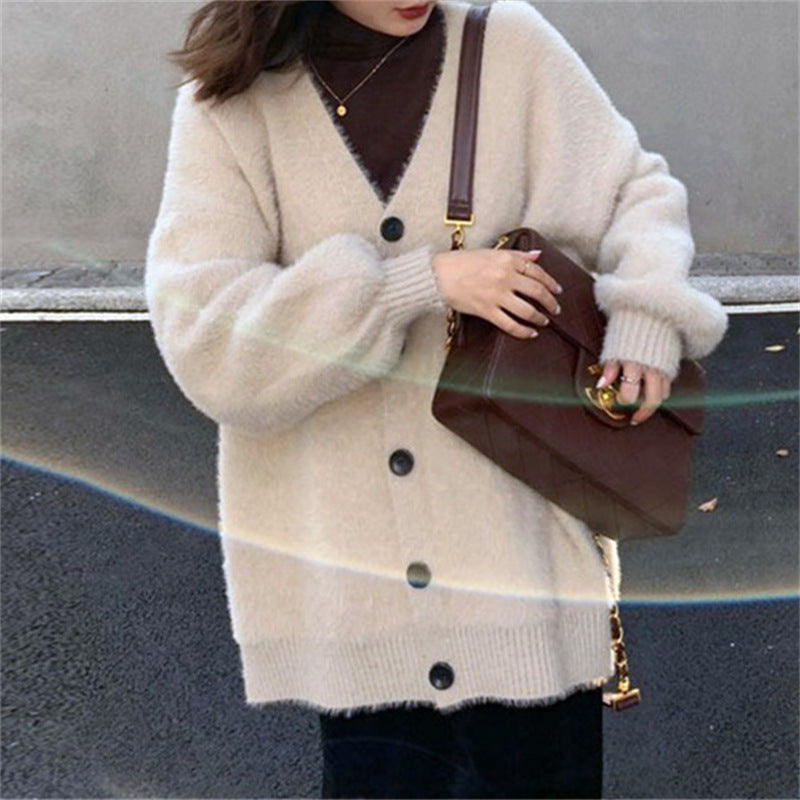 Damen Flauschiger Strickcardigan mit V-Ausschnitt und praktischen Knöpfen R&B