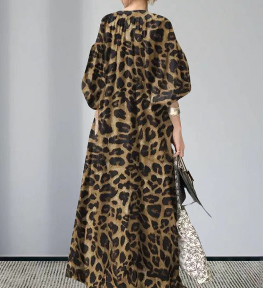 Damen Langarm Maxi-Kleid im auffälligen Leopardenmuster R&B