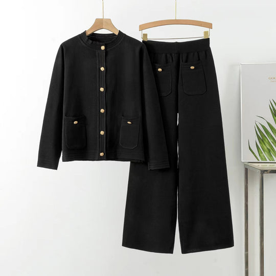 Damen gemütliches Strick-Loungewear-Set mit Knopfdetaillierung und aufgesetzten Taschen R&B