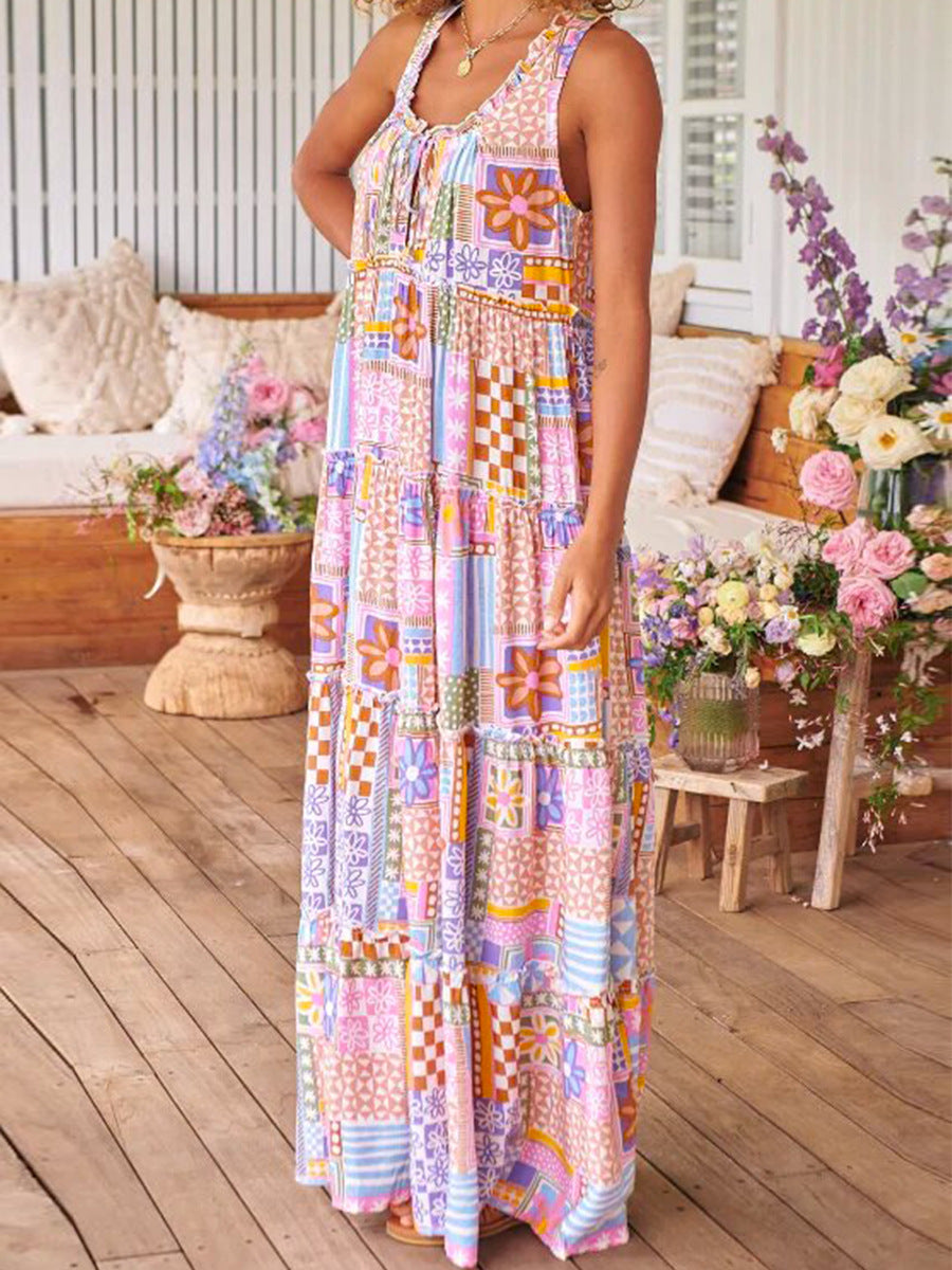 Damen Maxikleid mit buntem Patchwork-Muster R&B