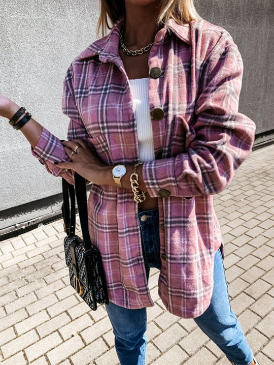Damen Flanellhemdjacke mit Karomuster und großen Knöpfen R&B