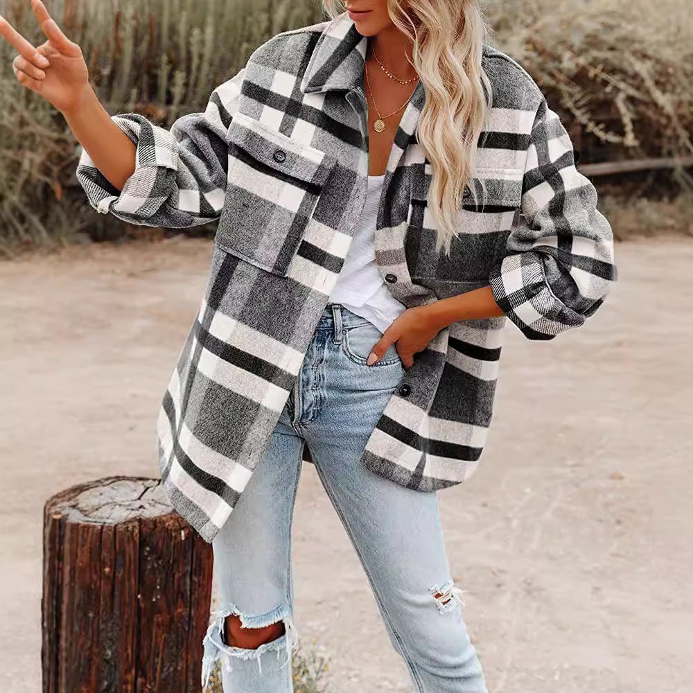 Damen Flanell Overshirt mit kariertem Muster und praktischen Brusttaschen R&B