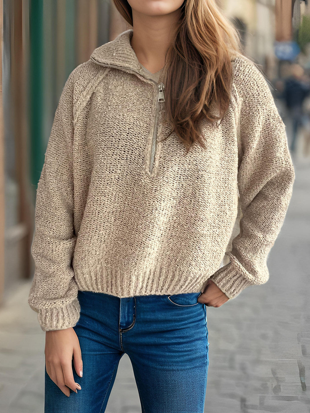 Damen lässiger Zip-Pullover mit oversized Schnitt und hohem Kragen R&B