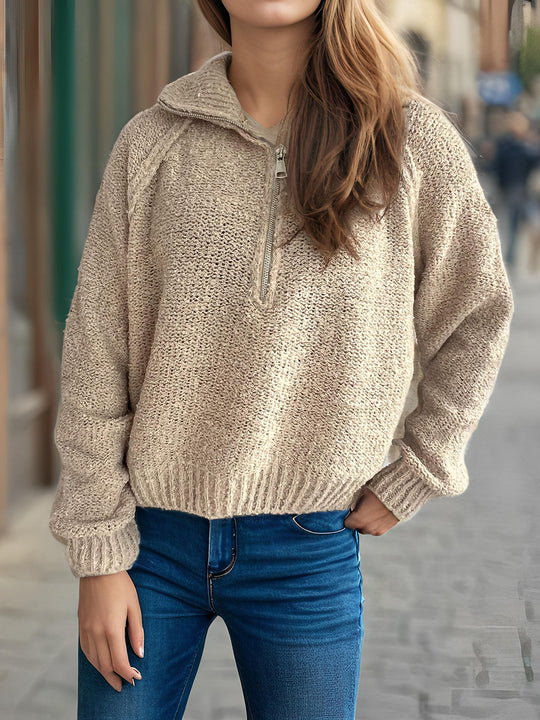 Damen lässiger Zip-Pullover mit oversized Schnitt und hohem Kragen R&B