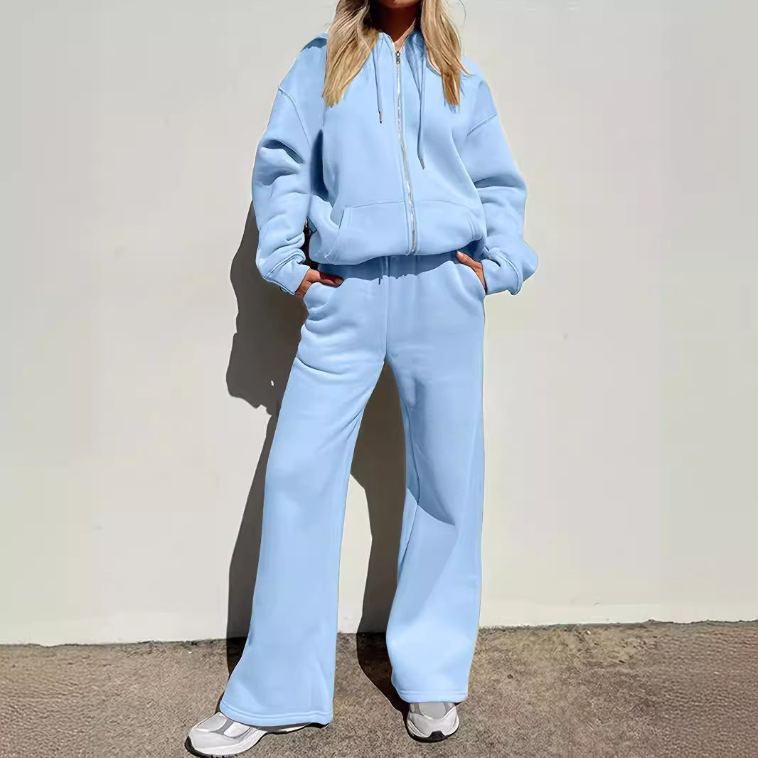 Damen bequemer und stilvoller Loungewear-Anzug mit zipbarem Hoodie und weitem Bein R&B