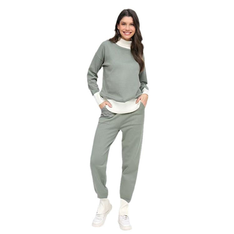 Damen komfortables Strick-Loungewear-Set mit hohem Kragen und elastischen Bündchen R&B