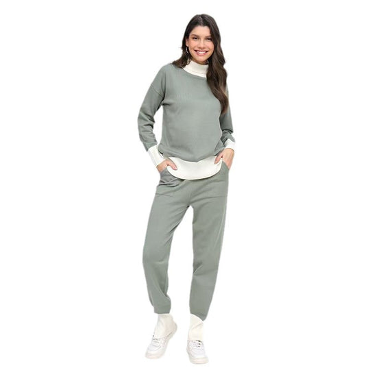 Damen komfortables Strick-Loungewear-Set mit hohem Kragen und elastischen Bündchen R&B