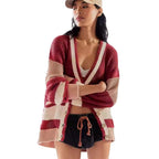 Damen lässiger Strickcardigan mit großen Taschen und stilvollen Kontraststreifen R&B