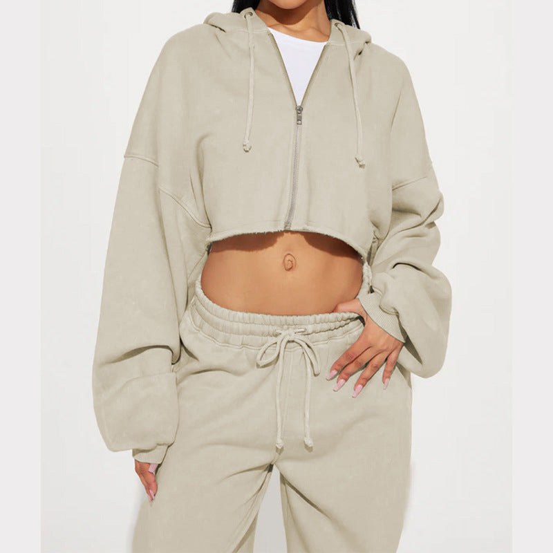 Damen lässiges Fleece-Set mit kurzem Hoodie und weiten Hosen R&B