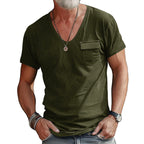 Herren V-Ausschnitt T-Shirt mit dekorativer Brusttasche und attraktiver Struktur