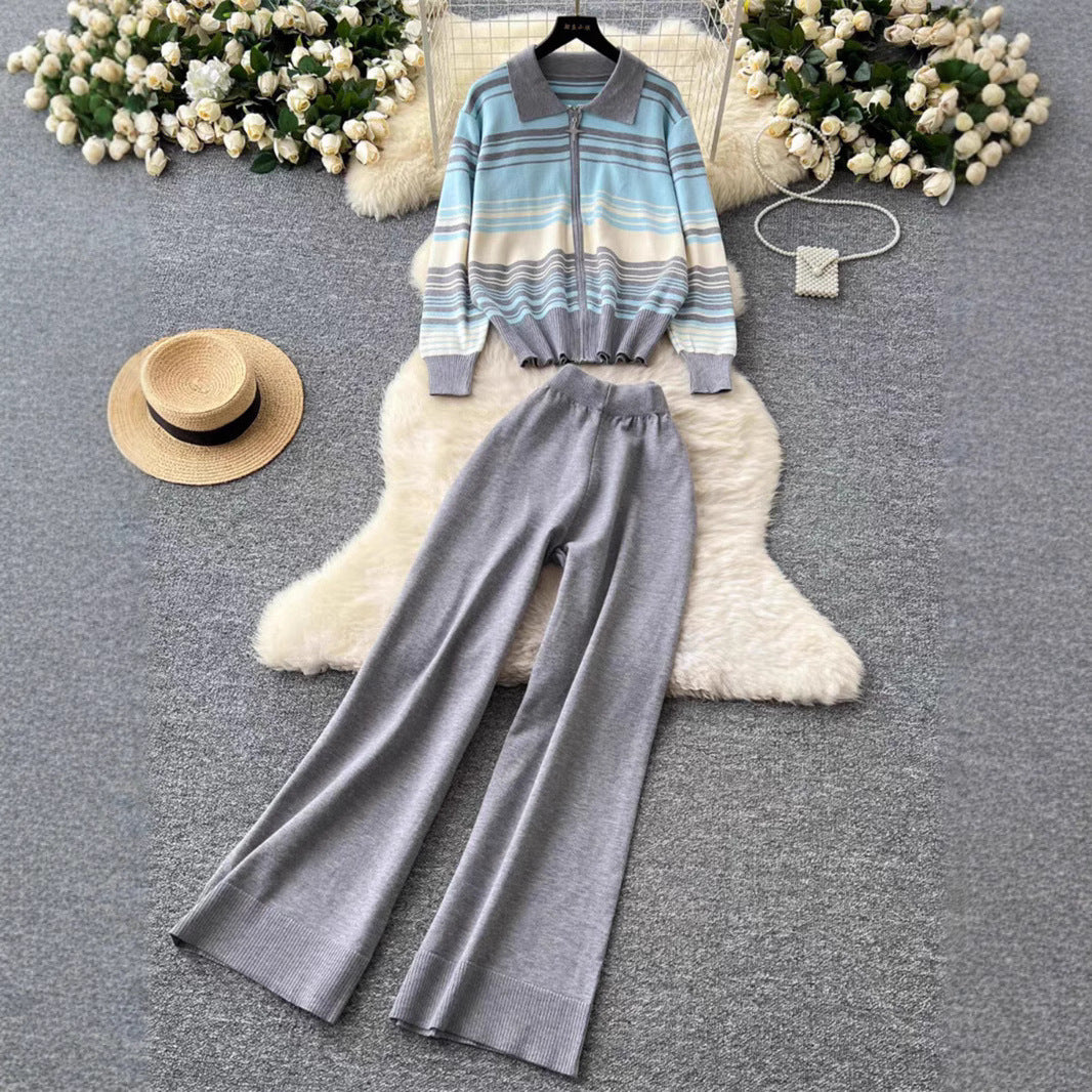 Damen modisches Freizeit-Loungewear-Set mit Reißverschluss und breitem Bein R&B