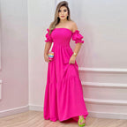 Damen Off-Shoulder Maxikleid mit voluminösen Puffärmeln und nostalgischer Raffung R&B