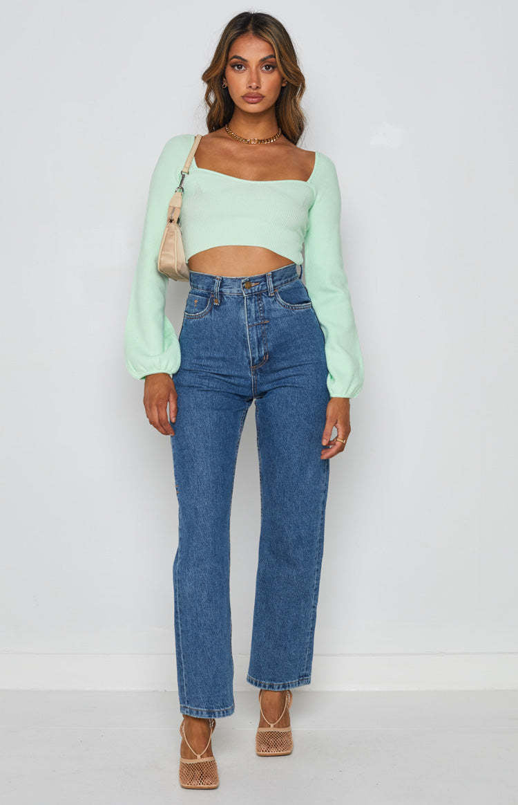 Damen lässiges Crop-Top mit weitem Arm und Rippstruktur R&B