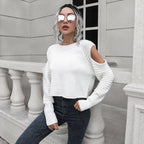 Damen Cropped Pullover mit offener Schulter und Rippstrickmuster R&B