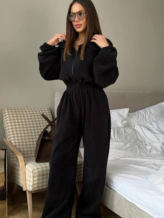 Damen Fleece-Jumpsuit mit hohem Kragen und elastischem Bund R&B