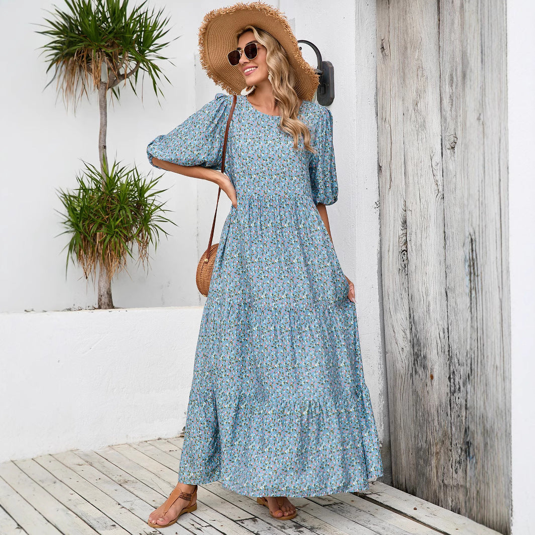 Damen Maxikleid mit Puffärmeln und voluminösem Saum R&B