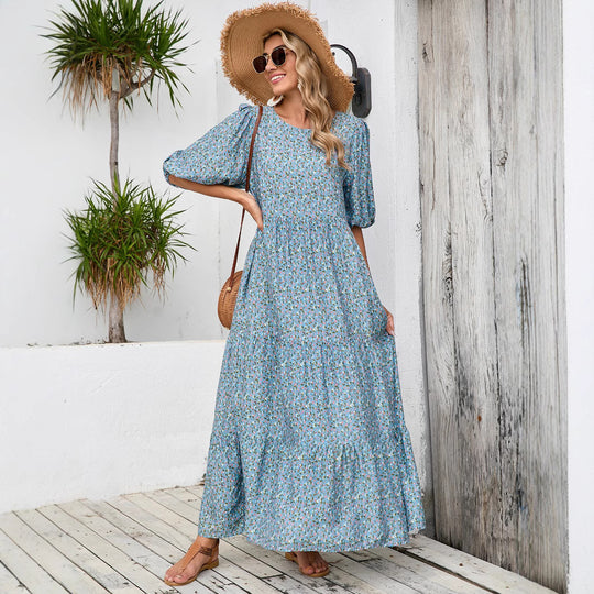 Damen Maxikleid mit Puffärmeln und voluminösem Saum R&B