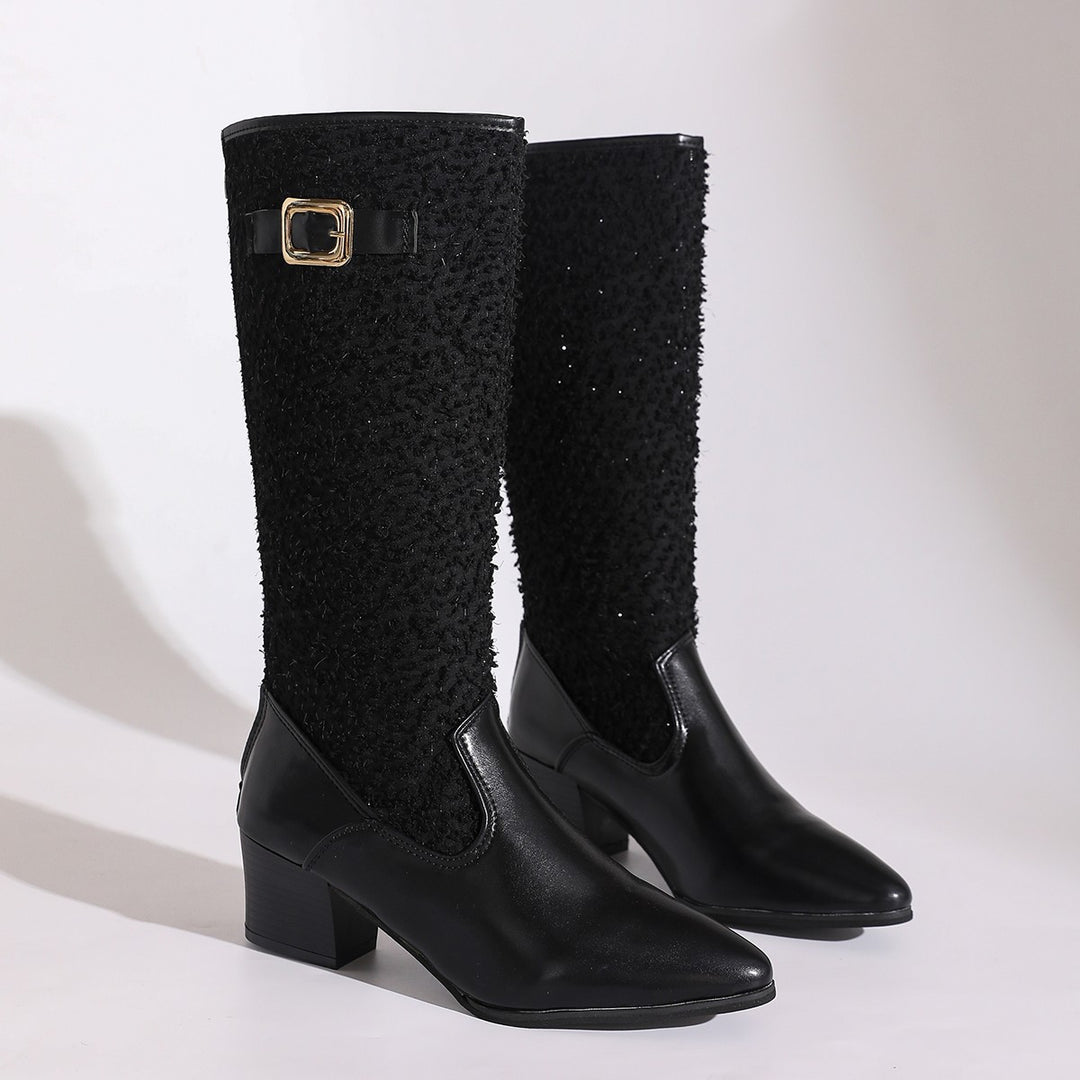 Damen modische Overknee-Stiefel mit elegantem Strickmuster und komfortablem blockiertem Absatz R&B