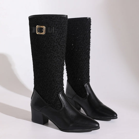 Damen modische Overknee-Stiefel mit elegantem Strickmuster und komfortablem blockiertem Absatz R&B