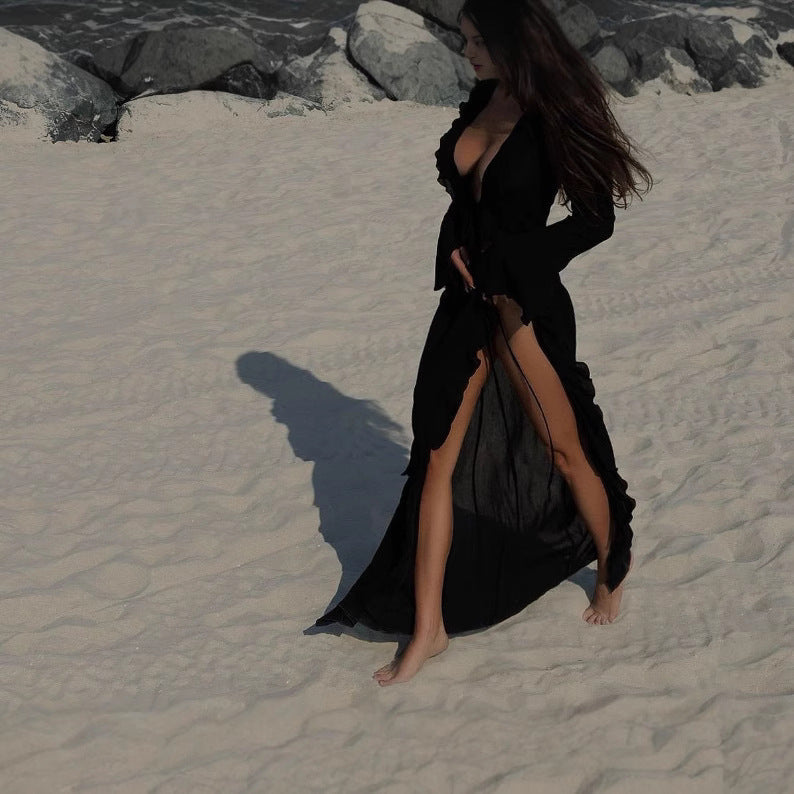 Damen Strandkleid mit raffinierten Rüschen und tiefem V-Ausschnitt R&B