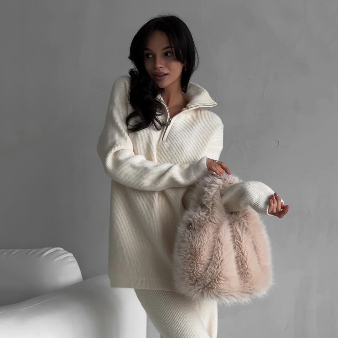 Damen trendiger Oversized Strickpullover mit Zipper und langen Ärmeln R&B