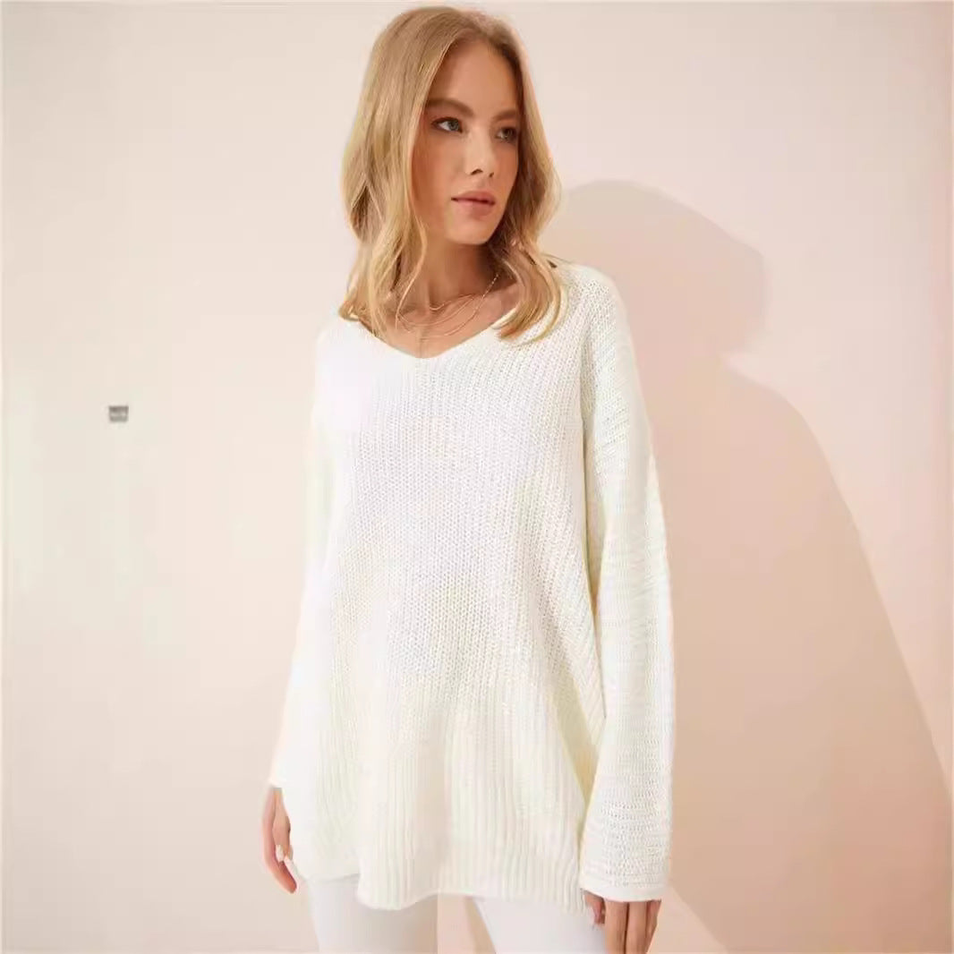 Damen lässiger V-Ausschnitt Pullover mit strukturiertem Strickmuster R&B