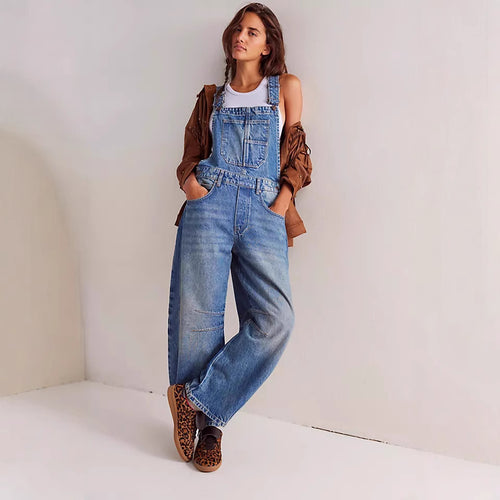 Damen lässige Denim-Latzhose im modernen Schnitt mit verstellbaren Trägern R&B