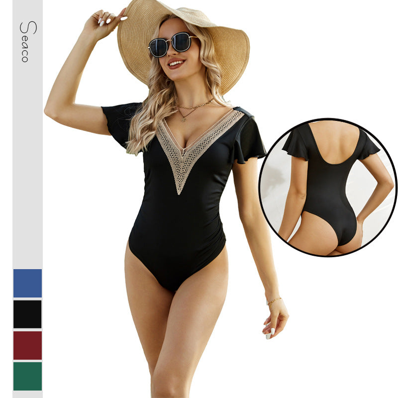 Damen Eleganter Badeanzug mit Volants und Spitzendetail R&B