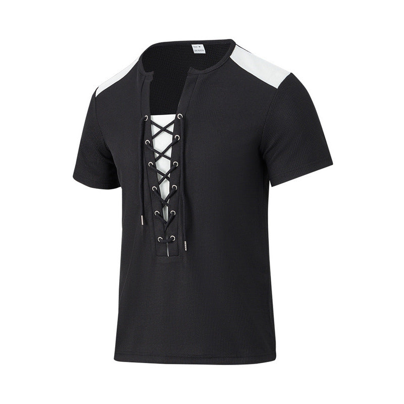 Herren Kurzarm-Henley-T-Shirt mit dekorativen Schnürdetails und atmungsaktiver Struktur R&B