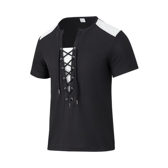 Herren Kurzarm-Henley-T-Shirt mit dekorativen Schnürdetails und atmungsaktiver Struktur R&B