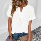 Damen Bluse mit floralen Lochstickereien und V-Ausschnitt R&B